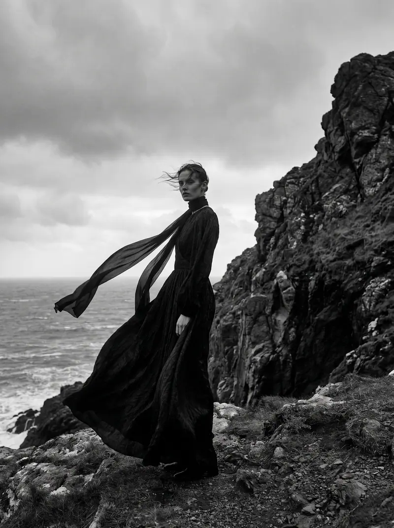 Retrato editorial en blanco y negro de una mujer con vestido largo sobre un acantilado batido por el viento.
