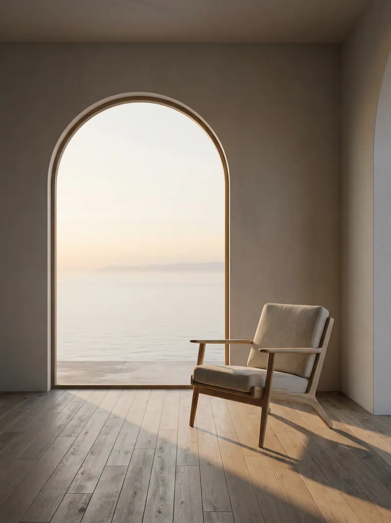 Interior minimalista con un gran vano arqueado abierto al mar y una butaca de madera.