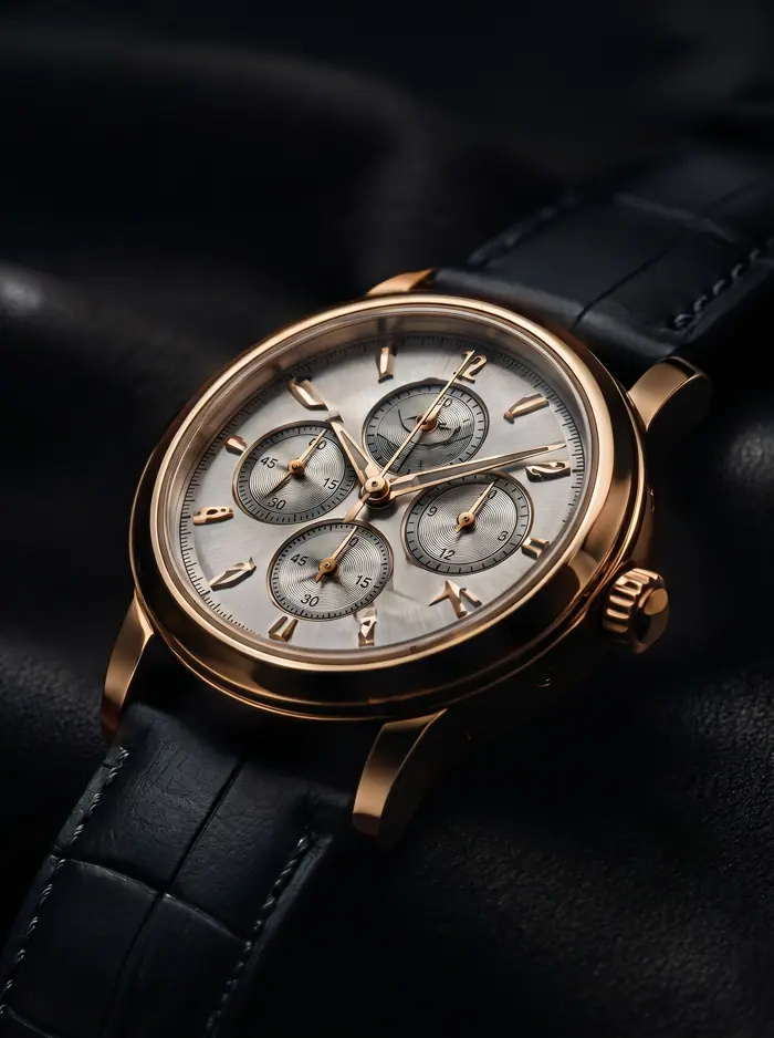 Reloj de alta relojería en oro rosa con correa azul marino, fotografía macro.