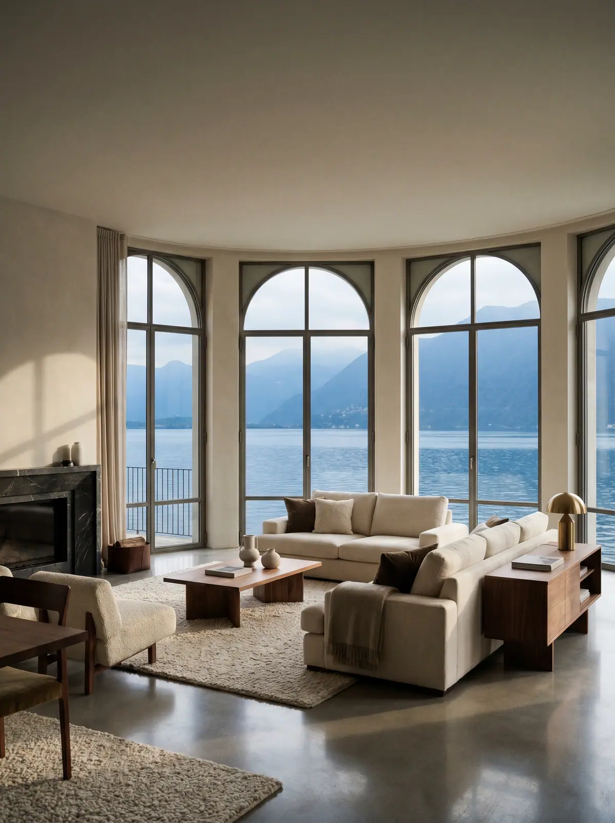 Salón de lujo con ventanales arqueados y vistas al lago entre montañas azules.