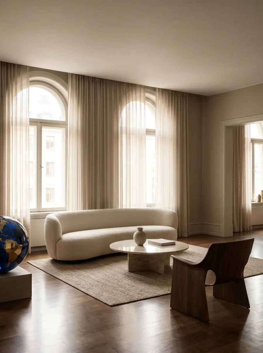 Salón contemporáneo con una esfera de mármol azul del mundo sobre un pedestal, junto a un sofá de bouclé y grandes ventanales arqueados.