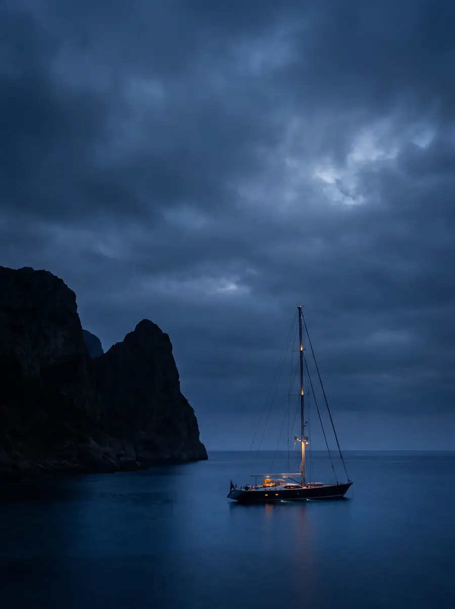Velero de lujo fondeado al anochecer junto a un acantilado, bajo un cielo azul profundo.